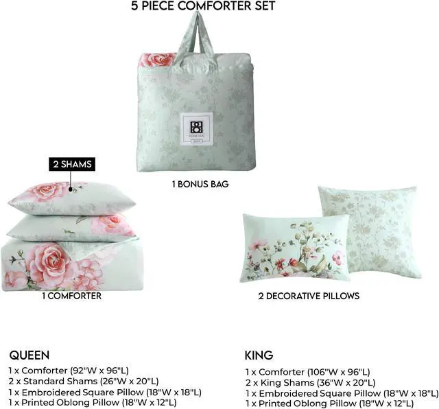 Alt view image 6 of 6 - Bebejan Rose on Misty Green 100% Cotton Sateen 5 Piece Queen Size Reversible Comforter Set