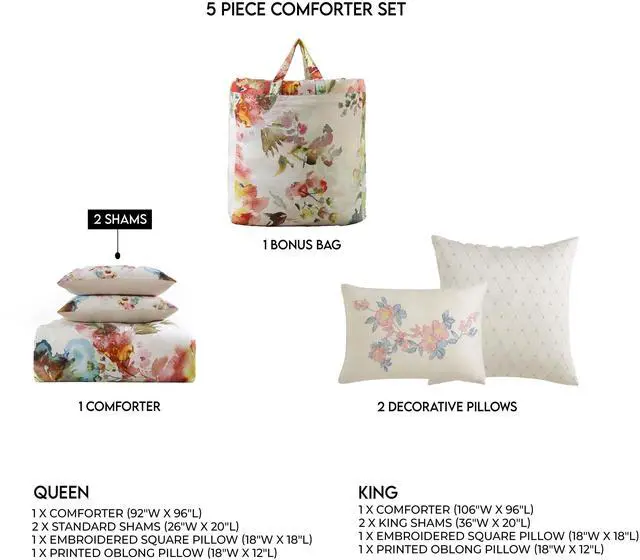 Alt view image 6 of 6 - Bebejan Antique Flowers Ivory 100% Cotton Sateen 5 Piece Queen Size Reversible Comforter Set