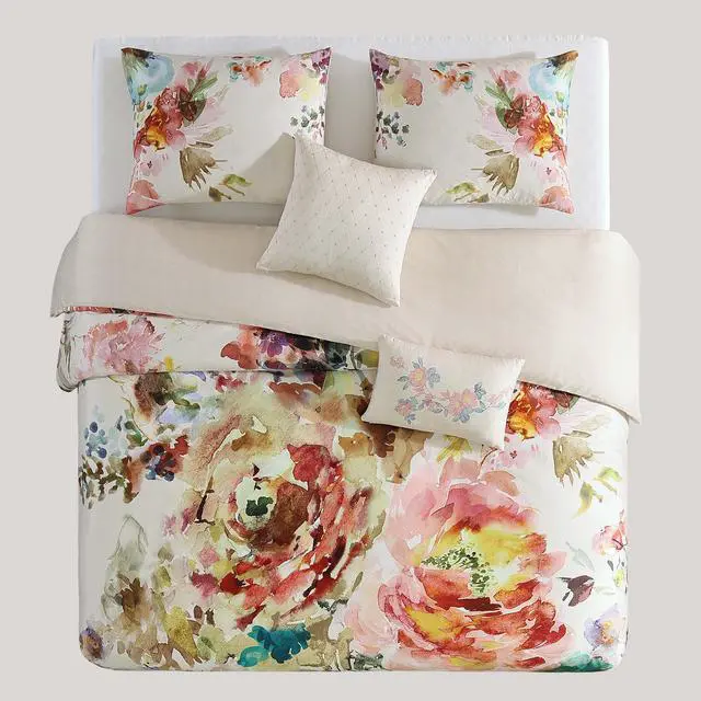 Alt view image 5 of 6 - Bebejan Antique Flowers Ivory 100% Cotton Sateen 5 Piece Queen Size Reversible Comforter Set