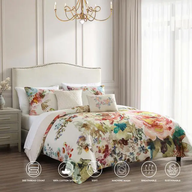 Alt view image 3 of 6 - Bebejan Antique Flowers Ivory 100% Cotton Sateen 5 Piece Queen Size Reversible Comforter Set