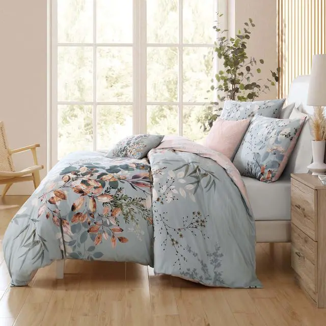 Alt view image 4 of 7 - Bebejan Peach Leaves on Sage 100% Cotton Sateen 5 Piece Queen Size Reversible Comforter Set