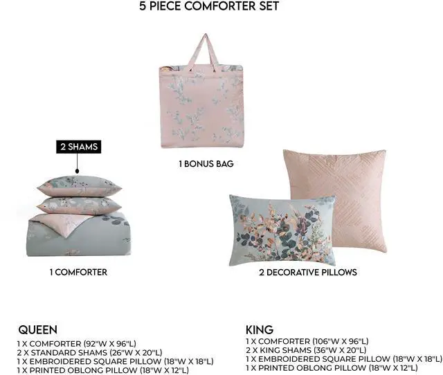 Alt view image 7 of 7 - Bebejan Peach Leaves on Sage 100% Cotton Sateen 5 Piece Queen Size Reversible Comforter Set