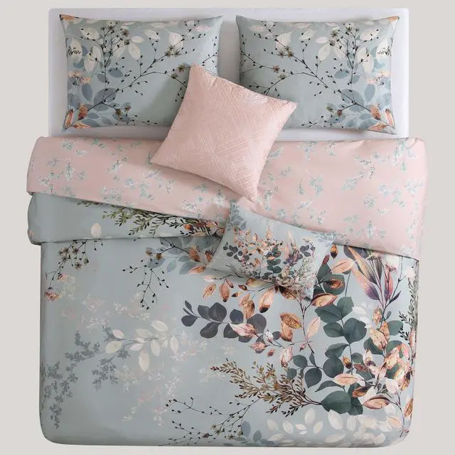 Alt view image 5 of 7 - Bebejan Peach Leaves on Sage 100% Cotton Sateen 5 Piece Queen Size Reversible Comforter Set