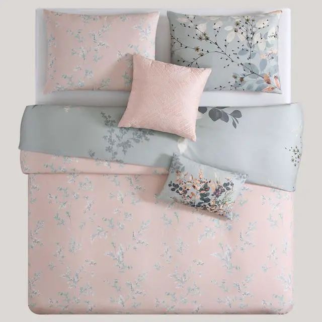 Alt view image 6 of 7 - Bebejan Peach Leaves on Sage 100% Cotton Sateen 5 Piece Queen Size Reversible Comforter Set