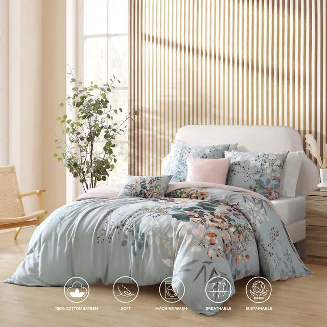 Alt view image 3 of 7 - Bebejan Peach Leaves on Sage 100% Cotton Sateen 5 Piece Queen Size Reversible Comforter Set