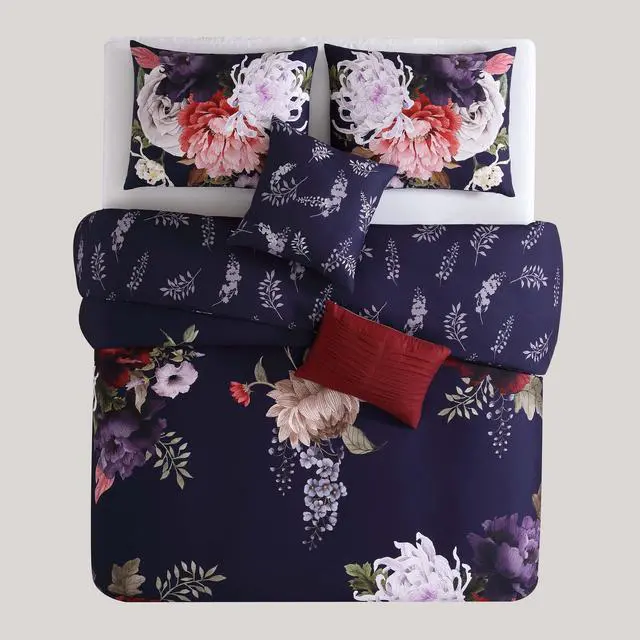 Alt view image 5 of 7 - Bebejan Deep Purple Garden 100% Cotton Sateen 5 Piece Queen Size Reversible Comforter Set