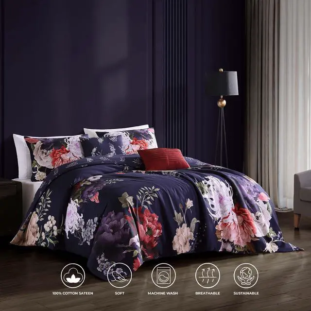 Alt view image 3 of 7 - Bebejan Deep Purple Garden 100% Cotton Sateen 5 Piece Queen Size Reversible Comforter Set