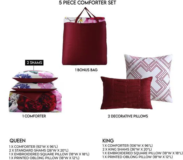 Alt view image 7 of 7 - Bebejan Magenta Floral 100% Cotton Sateen 5 Piece Queen Size Reversible Comforter Set