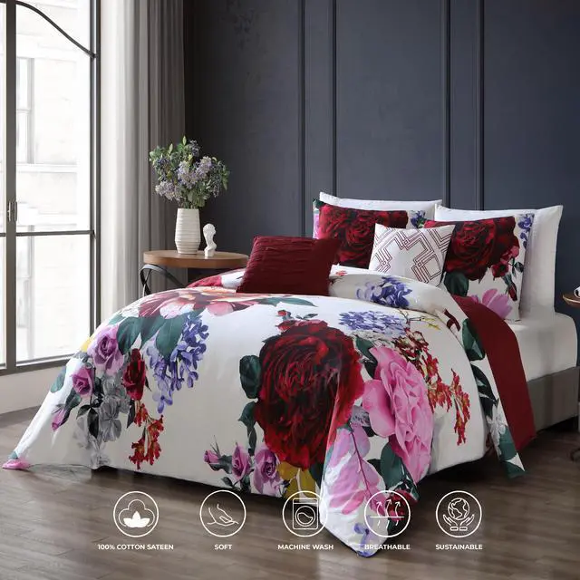 Alt view image 5 of 7 - Bebejan Magenta Floral 100% Cotton Sateen 5 Piece Queen Size Reversible Comforter Set
