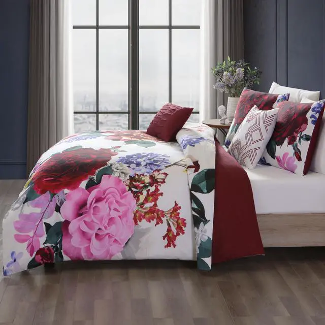 Alt view image 6 of 7 - Bebejan Magenta Floral 100% Cotton Sateen 5 Piece Queen Size Reversible Comforter Set