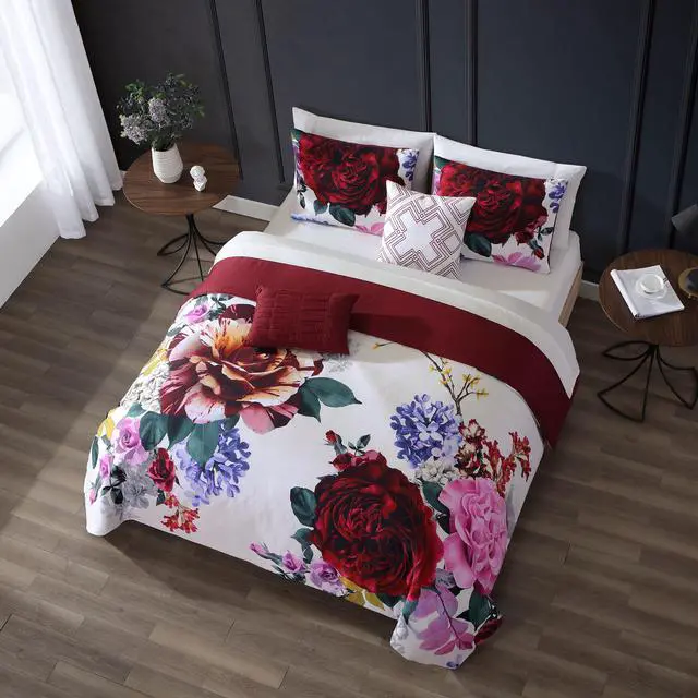 Alt view image 4 of 7 - Bebejan Magenta Floral 100% Cotton Sateen 5 Piece Queen Size Reversible Comforter Set