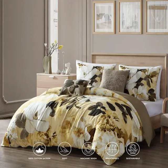 Alt view image 4 of 7 - Bebejan Magnolia 100% Cotton Sateen 5 Piece King Size Reversible Comforter Set