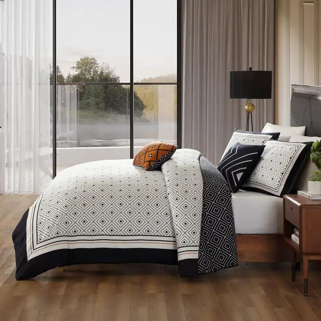 Alt view image 3 of 6 - Bebejan Geometric Black & White 100% Cotton Sateen 5 Piece Queen Size Reversible Comforter Set
