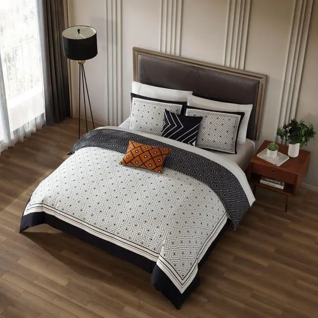 Alt view image 4 of 6 - Bebejan Geometric Black & White 100% Cotton Sateen 5 Piece Queen Size Reversible Comforter Set