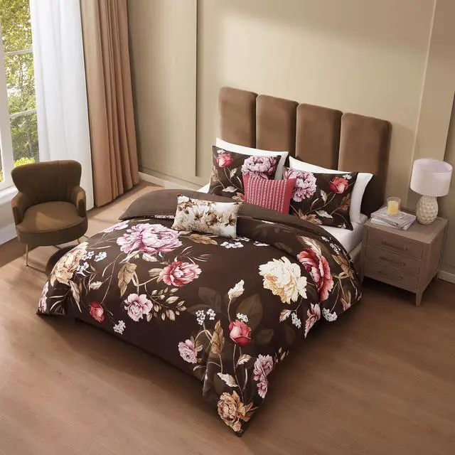 Alt view image 4 of 7 - Bebejan Floral Garden on Mocha 100% Cotton Sateen 5 Piece Reversible Comforter Set