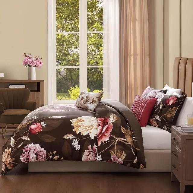Alt view image 3 of 7 - Bebejan Floral Garden on Mocha 100% Cotton Sateen 5 Piece Reversible Comforter Set