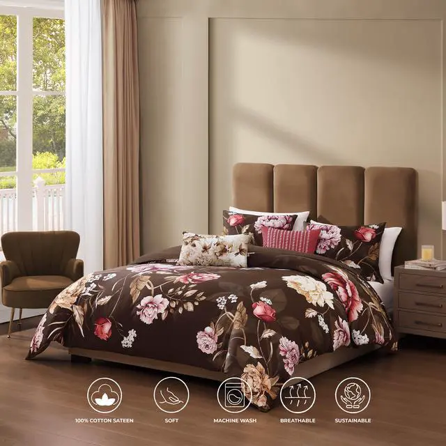 Alt view image 2 of 7 - Bebejan Floral Garden on Mocha 100% Cotton Sateen 5 Piece Reversible Comforter Set