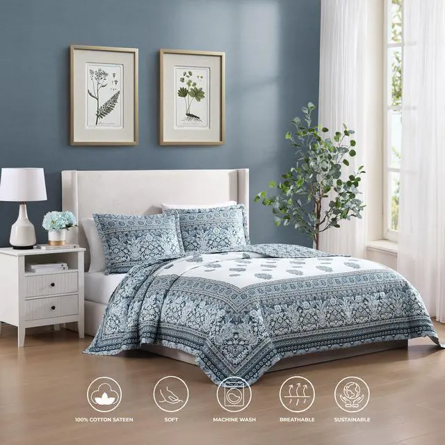 Alt view image 2 of 7 - Bebejan Aquamarine Medallion 100% Cotton Sateen 3 Piece Reversible Quilted Coverlet Set