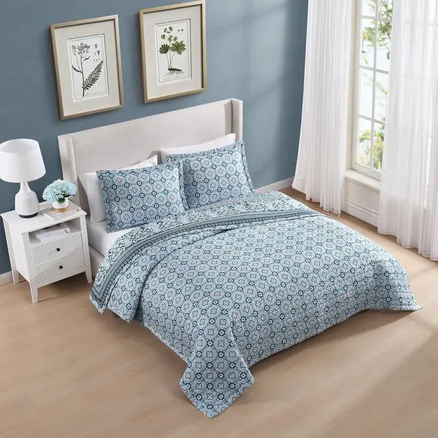 Alt view image 5 of 7 - Bebejan Aquamarine Medallion 100% Cotton Sateen 3 Piece Reversible Quilted Coverlet Set