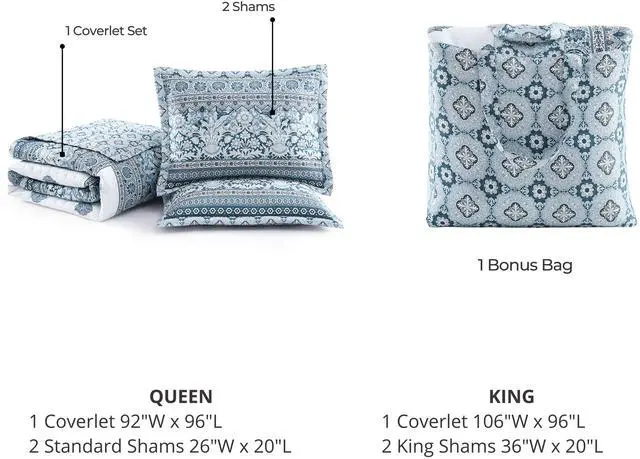 Alt view image 7 of 7 - Bebejan Aquamarine Medallion 100% Cotton Sateen 3 Piece Reversible Quilted Coverlet Set