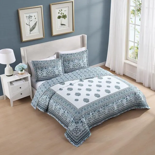 Alt view image 4 of 7 - Bebejan Aquamarine Medallion 100% Cotton Sateen 3 Piece Reversible Quilted Coverlet Set