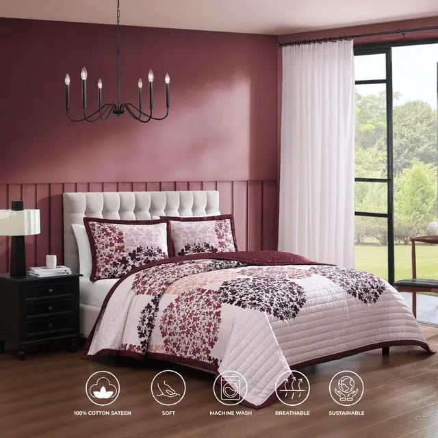 Alt view image 2 of 7 - Bebejan Rosewood Harmony 100% Cotton Sateen 3 Piece Reversible Quilted Coverlet Set