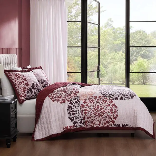 Alt view image 3 of 7 - Bebejan Rosewood Harmony 100% Cotton Sateen 3 Piece Reversible Quilted Coverlet Set