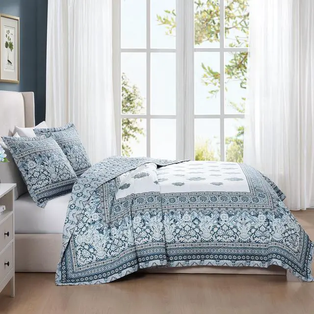 Alt view image 3 of 7 - Bebejan Aquamarine Medallion 100% Cotton Sateen 3 Piece Reversible Quilted Coverlet Set