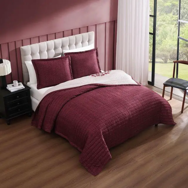 Alt view image 5 of 7 - Bebejan Rosewood Harmony 100% Cotton Sateen 3 Piece Reversible Quilted Coverlet Set