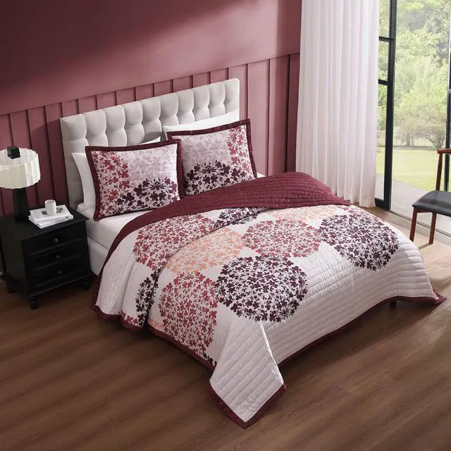 Alt view image 4 of 7 - Bebejan Rosewood Harmony 100% Cotton Sateen 3 Piece Reversible Quilted Coverlet Set