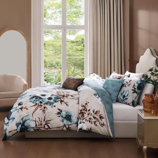 Alt view image 3 of 7 - Bebejan Flowers in the Mist 100% Cotton Sateen 5 Piece Queen Size Reversible Comforter Set