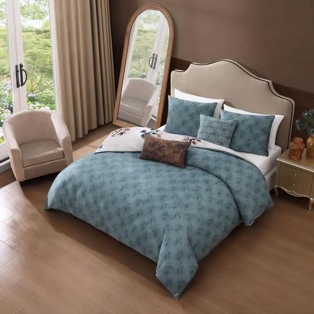 Alt view image 5 of 7 - Bebejan Flowers in the Mist 100% Cotton Sateen 5 Piece Queen Size Reversible Comforter Set