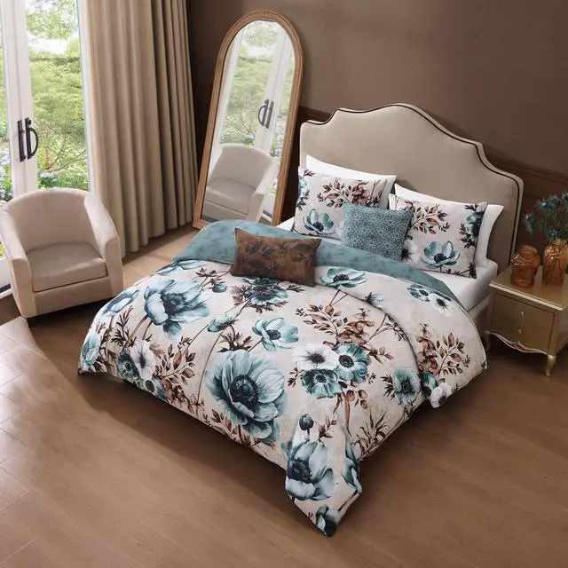 Alt view image 4 of 7 - Bebejan Flowers in the Mist 100% Cotton Sateen 5 Piece Queen Size Reversible Comforter Set