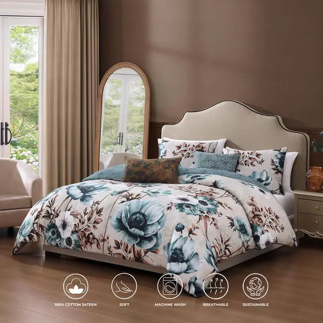 Alt view image 2 of 7 - Bebejan Flowers in the Mist 100% Cotton Sateen 5 Piece Queen Size Reversible Comforter Set