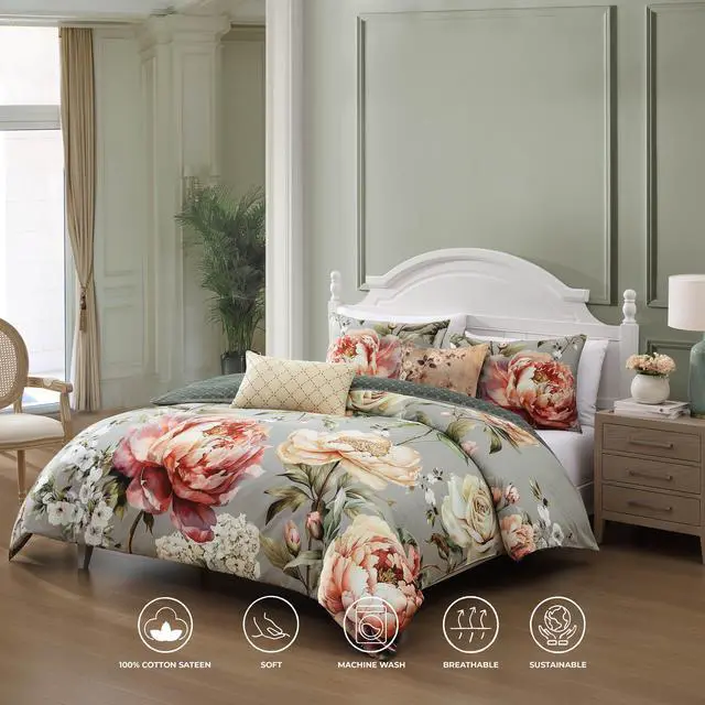 Alt view image 2 of 7 - Bebejan Whispering Willows 100% Cotton Sateen 5 Piece Queen Size Reversible Comforter Set