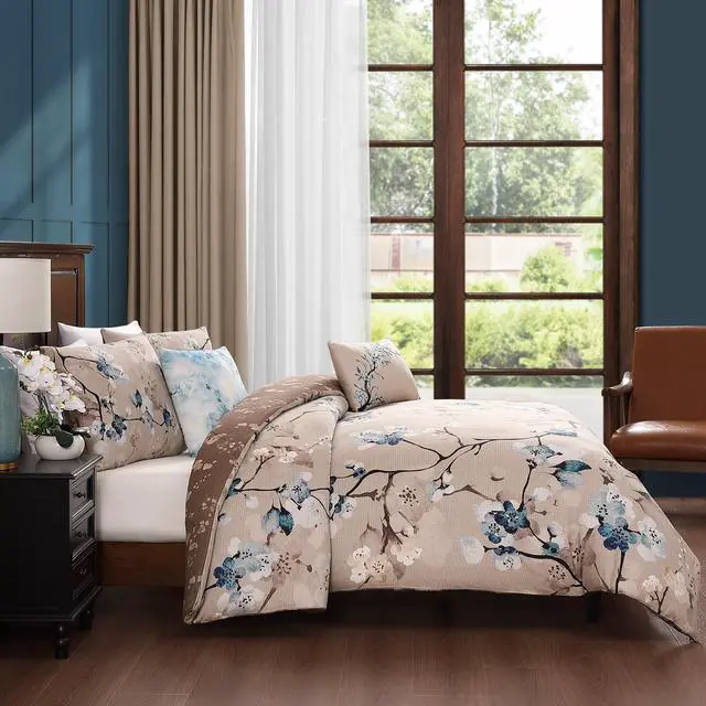 Alt view image 3 of 7 - Bebejan Blue Blossom 100% Cotton Sateen 5 Piece Queen Size Reversible Comforter Set