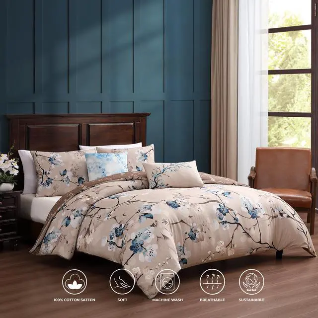 Alt view image 2 of 7 - Bebejan Blue Blossom 100% Cotton Sateen 5 Piece Queen Size Reversible Comforter Set
