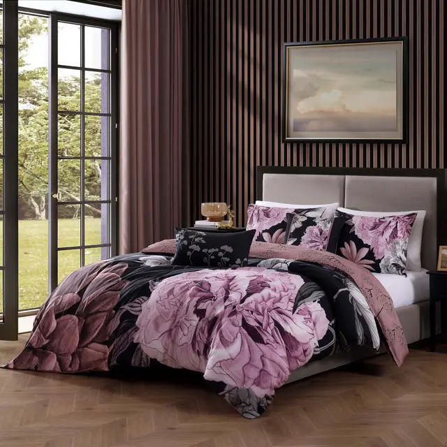 Alt view image 2 of 7 - Bebejan Midnight Meadow 100% Cotton Sateen 5 Piece Queen Size Reversible Comforter Set