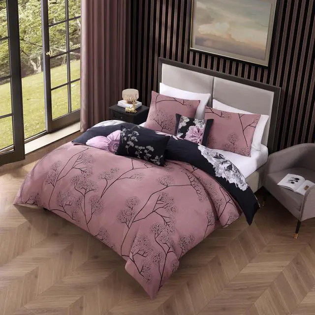 Alt view image 5 of 7 - Bebejan Midnight Meadow 100% Cotton Sateen 5 Piece Queen Size Reversible Comforter Set