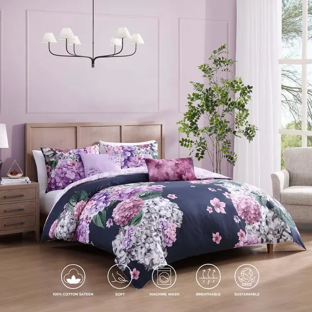 Alt view image 2 of 7 - Bebejan Purple Bliss 100% Cotton Sateen 5 Piece King Size Reversible Comforter Set