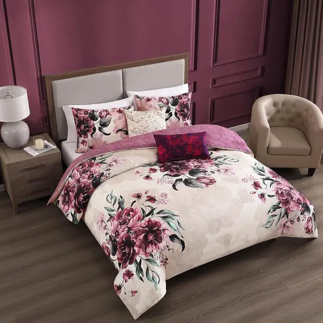Alt view image 4 of 6 - Bebejan Plum Haze 100% Cotton Sateen 5 Piece Queen Size Reversible Comforter Set