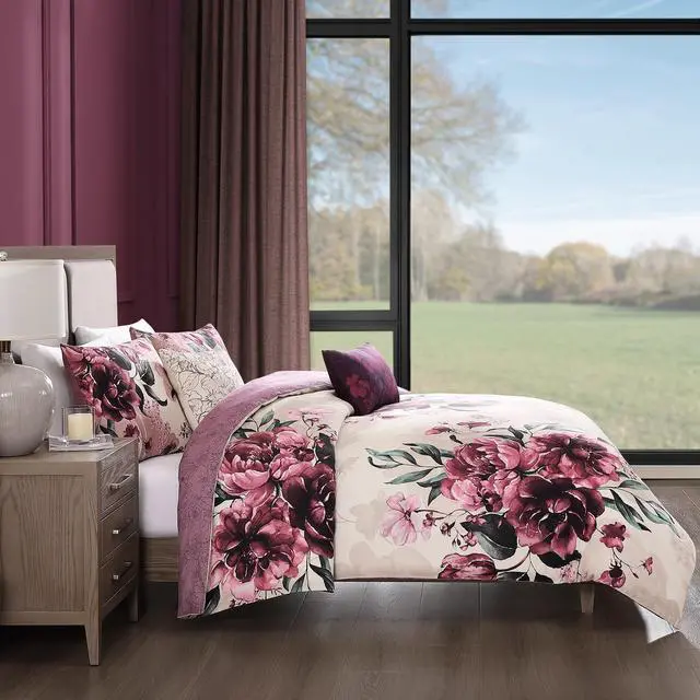 Alt view image 3 of 6 - Bebejan Plum Haze 100% Cotton Sateen 5 Piece Queen Size Reversible Comforter Set