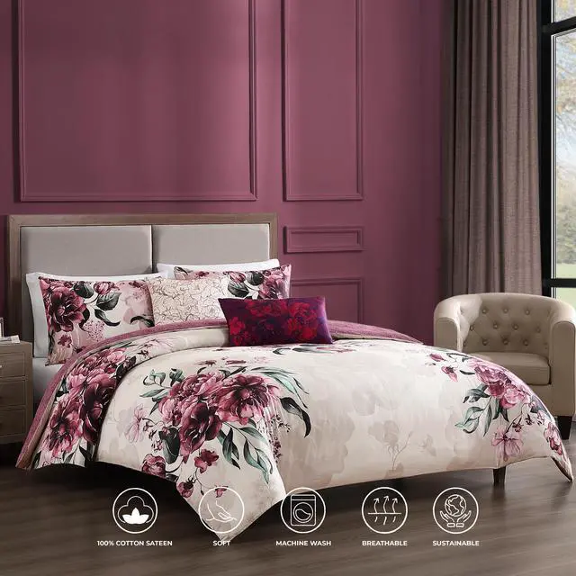 Alt view image 2 of 6 - Bebejan Plum Haze 100% Cotton Sateen 5 Piece Queen Size Reversible Comforter Set