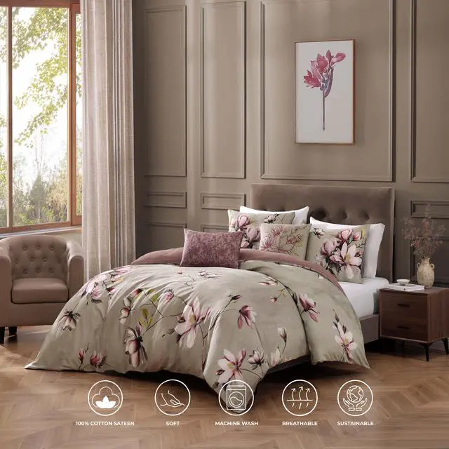 Alt view image 2 of 6 - Bebejan Purple Lilies 100% Cotton Sateen 5 Piece Queen Size Reversible Comforter Set