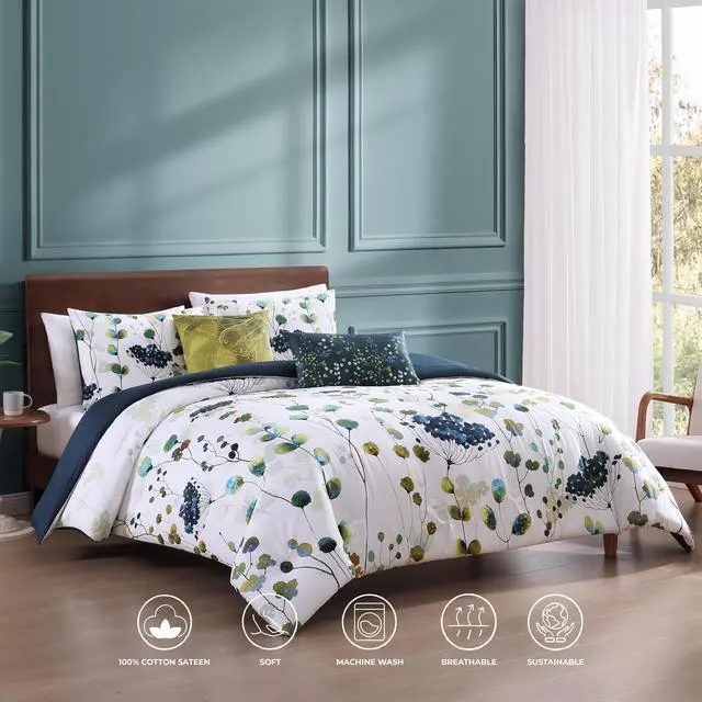 Alt view image 2 of 7 - Bebejan Abstract Vines 100% Cotton Sateen 5 Piece Queen Size Reversible Comforter Set