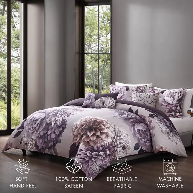 Alt view image 2 of 6 - Bebejan Plum Petal 100% Cotton Sateen 5 Piece King Size Reversible Comforter Set