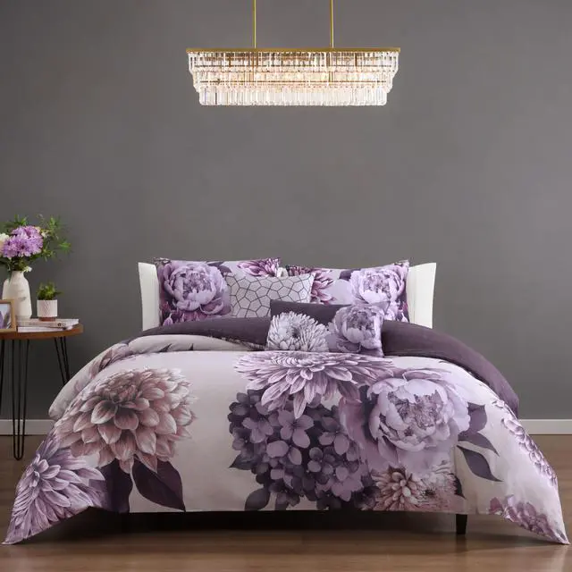 Main image of Bebejan Plum Petal 100% Cotton Sateen 5 Piece Queen Size Reversible Comforter Set