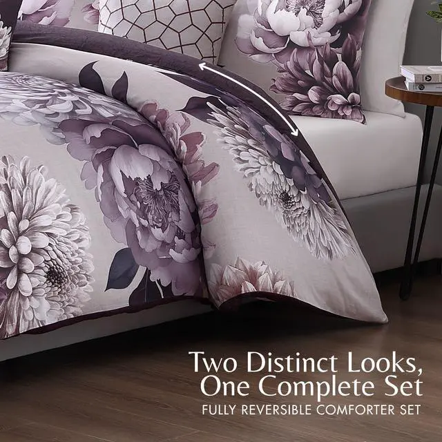 Alt view image 3 of 7 - Bebejan Plum Petal 100% Cotton Sateen 5 Piece Queen Size Reversible Comforter Set