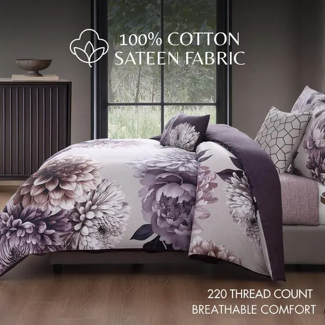 Alt view image 5 of 7 - Bebejan Plum Petal 100% Cotton Sateen 5 Piece Queen Size Reversible Comforter Set