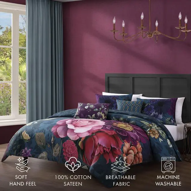 Alt view image 2 of 7 - Bebejan Vibrant Flora 100% Cotton Sateen 5 Piece Queen Size Reversible Comforter Set